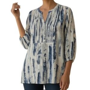 Chicos Top Womens White Blue 3/4 Sleeve Sheer Blouse Shirt Pleated Artsy‎ 0 US 4